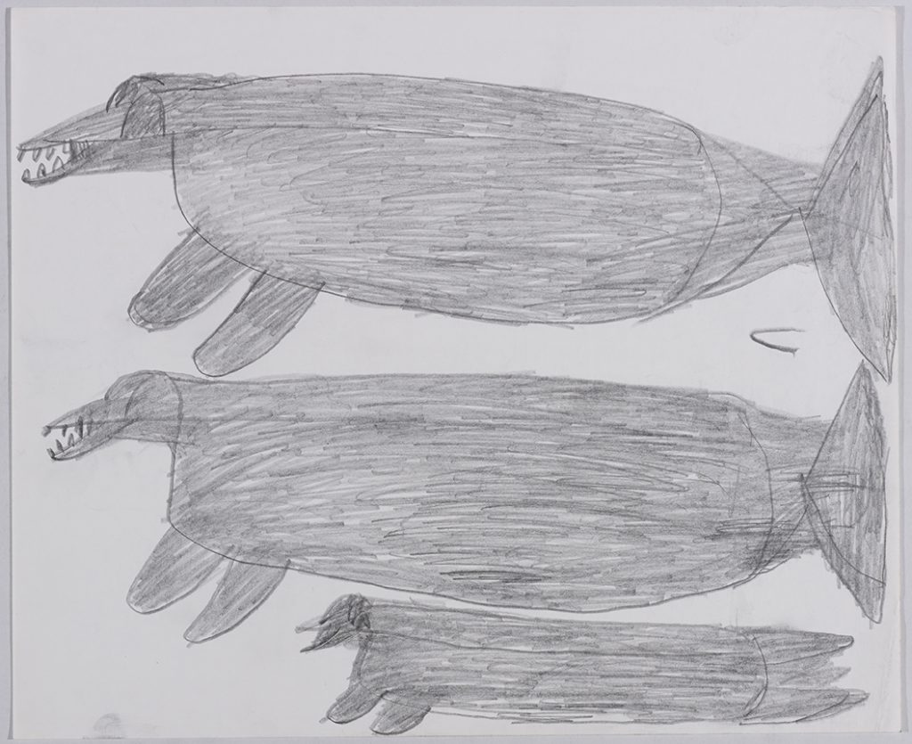 Deux créatures ressemblant à des baleines et un phoque