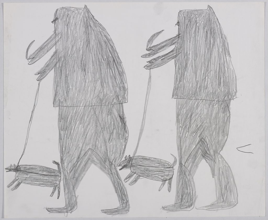 Deux chasseurs tenant chacun un chien en laisse. Œuvre bidimensionnelle exécutée en gris.
