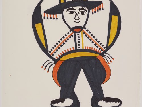 Armless human figure with a large round body and wearing a hat with tassles along the brim. Scene presented in a two-dimensional style using black