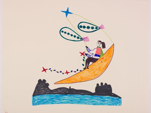 Jeune fille assise sur la lune tenant un cerf-volant à nombreuses formes avec un rivage rocheux en arrière-plan. Œuvre bidimensionnelle exécutée en vert, bleu, orange, noir, rose et rouge.