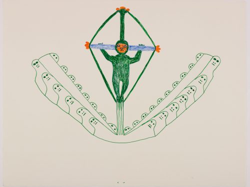Imaginary scene depicting a man on a cross with lots of spirits coming out from the bottom of the cross on both sides and looking upwards towards the human figure. Scene presented in a two-dimensional style using green