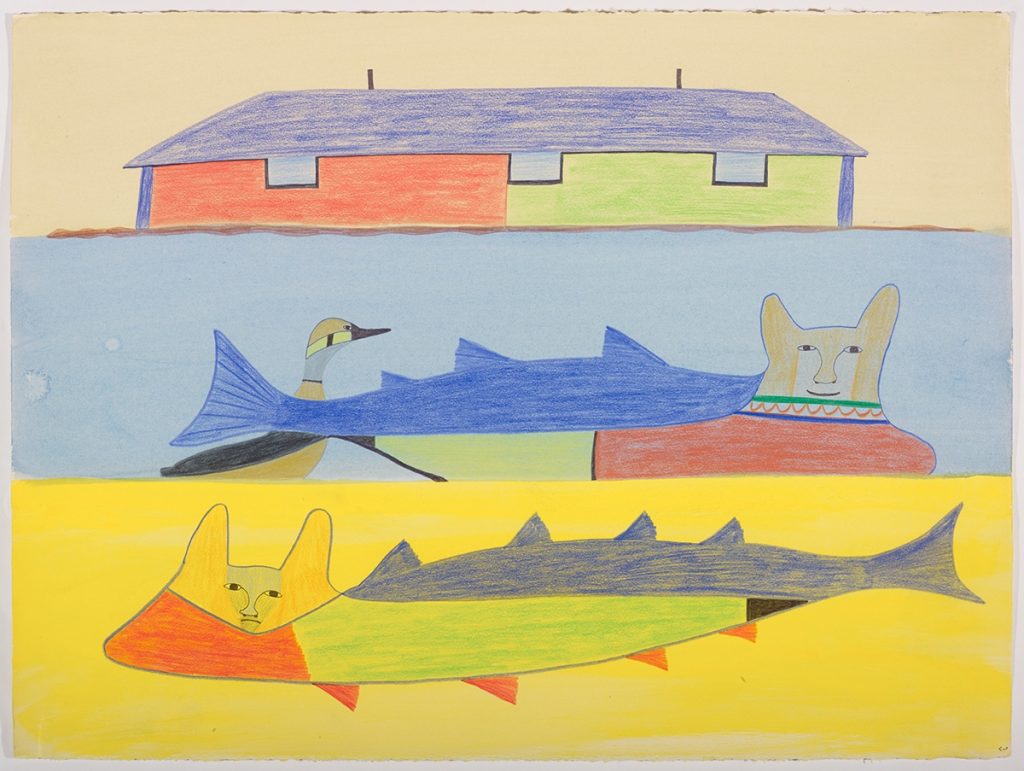 Imaginary scene depicting a symmetrical building with three windows and two smokestacks above a goose next to a strange fish-animal hybrid and another fish-animal hybrid below them. Scene presented in a flat