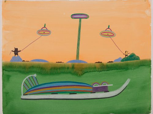 Surreal landscape depicting two human figures flying strange kites with a large colourful qamutik in the foreground. Landscape presented in a flattened