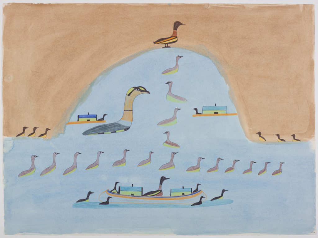 Landscape depicting two perpendicular lines of many birds dividing the image into three with groups of birds in all three sections of the image. Scene presented in a flattened