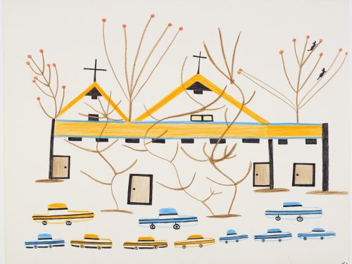 Geometric line drawing depicting ten vehicles in front of structure with four doors and stylized trees growing all around it. Scene presented in a two-dimensional style and using orange