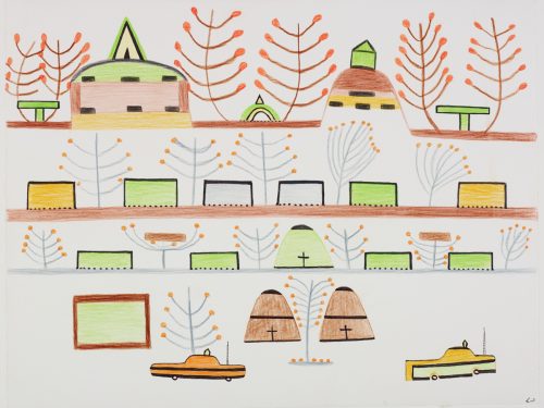 Abstract scene depicting four rows of buildings of different sizes and trees with two vehicles at the bottom of the page. Scene presented in a two-dimensional style and using yellow