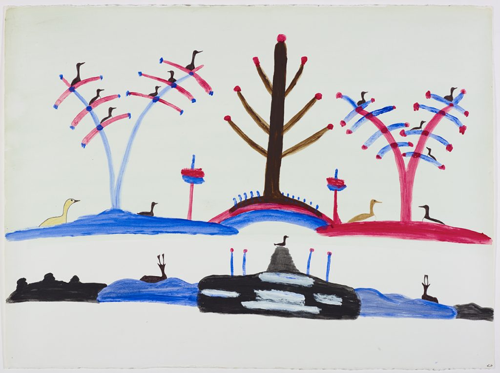 Landscape depicting three large tree shapes with eleven birds sitting in them with another four birds sitting just below in the background and two caribou and a bird sitting on a symmetrical rocky terrain in the foreground. Scene presented in a two-dimensional style using red