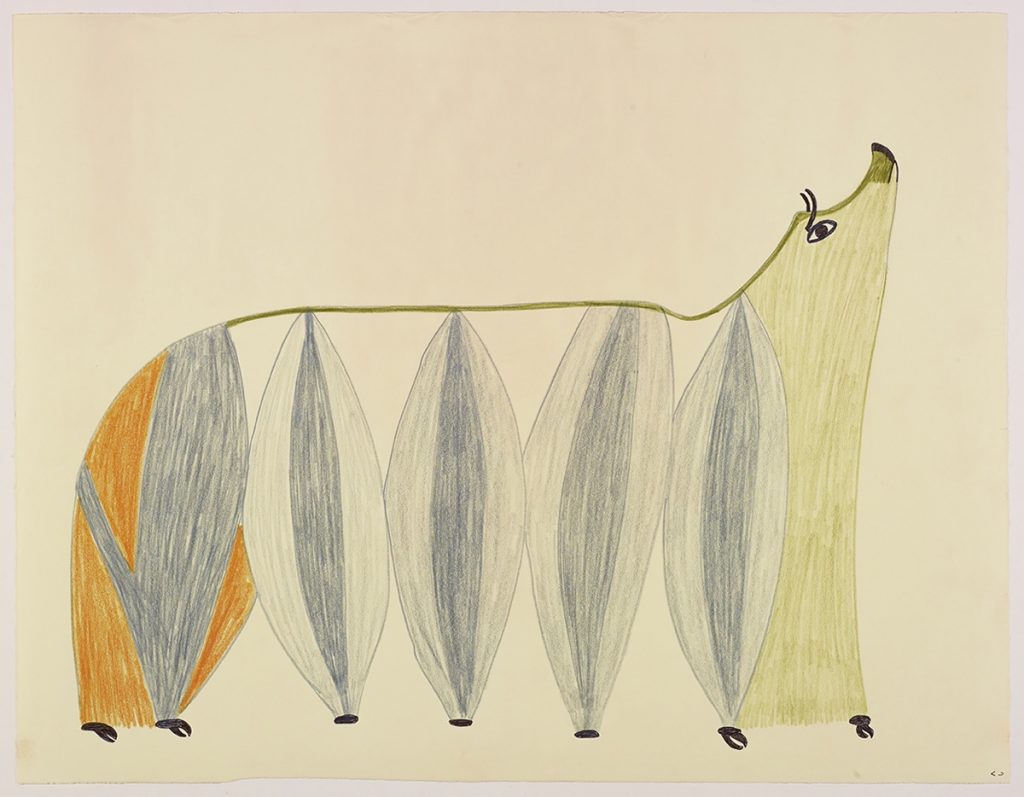 One large stylized muskox looking upwards with designs on its side that resemble sealskins. Figure presented in a two-dimensional style using grey