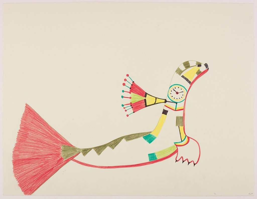 Seal with a large tail and colourful geometric shapes along its body as well as a circular clock on its neck connected to a curved