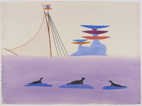 Seascape depicting three seals laying on three pieces of ice in the foreground and the rigging of a sailboat to the left of an iceberg with long abstract shapes balancing on top of it visible just above the horizon in the background. Scene presented in a flat