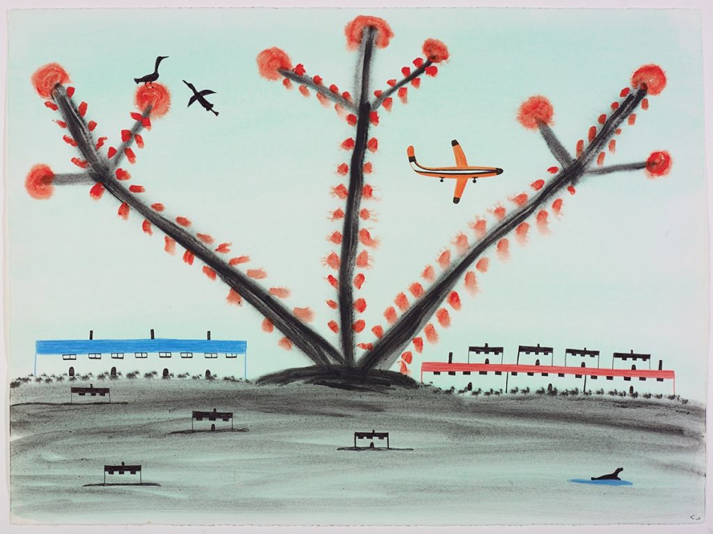 Landscape depicting three large tree-like plants growing out of the ground in the centre of the image with two large buildings on both sides with a few small buildings and a seal in the forground as well as a plan and two birds in the sky. Presented in a flat