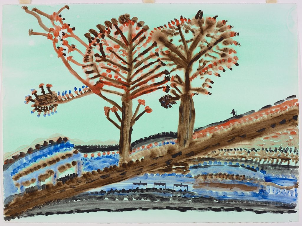 Stylized landscape depicting two large trees in the middle of the image with a small human figure on the right and three small buildings in a row just below the trees. Scene presented in a two-dimensional style using blue