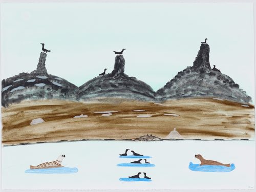Symmetrical landscape depicting seals and birds resting on five different pieces of ice in the forground in front of a shoreline with three dark