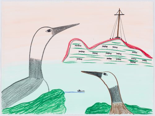 Scene depicting two large birds sitting in the forground with a small boat moving through water in the middleground and a hilly piece of land with several rows of houses and below a large utility pole on resting on the horizonline in the background. Presented in a flat