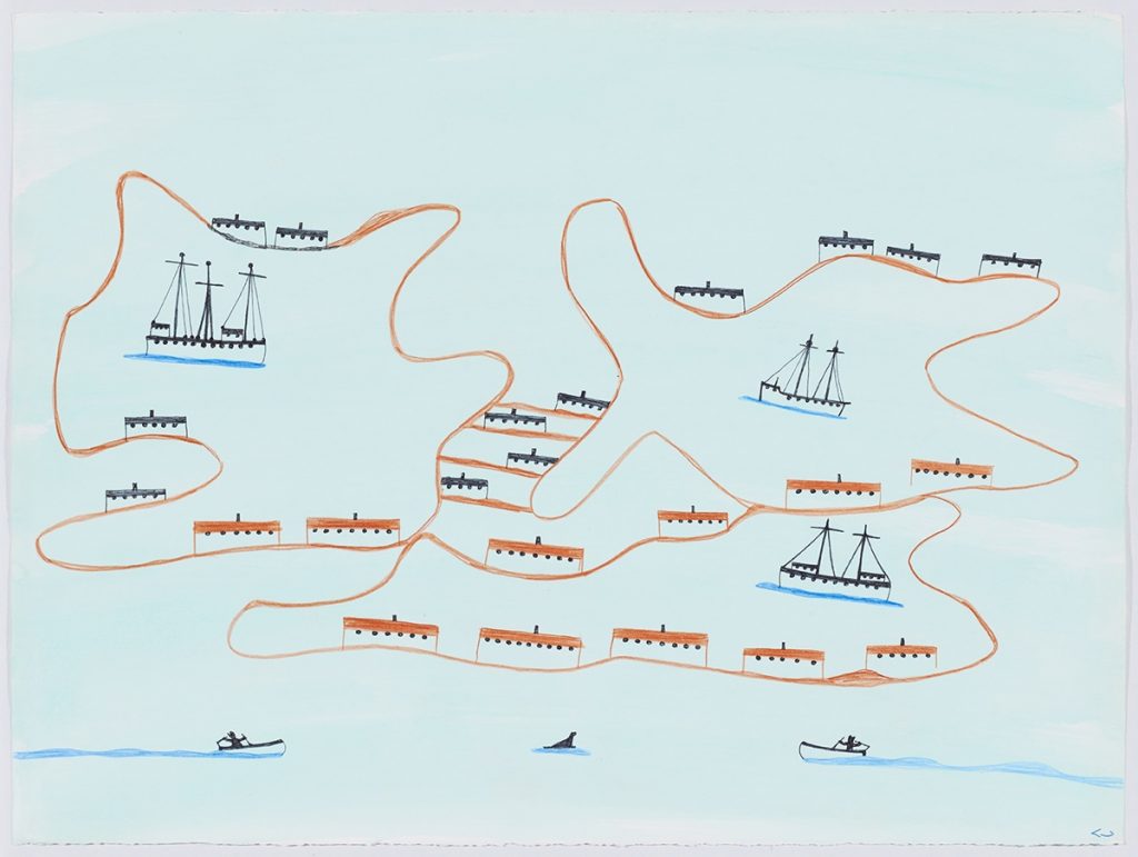 Imaginary scene depicting two boats heading towards a seal on a piece of ice in front of a stylized landscape depicting rows of houses presented along a long