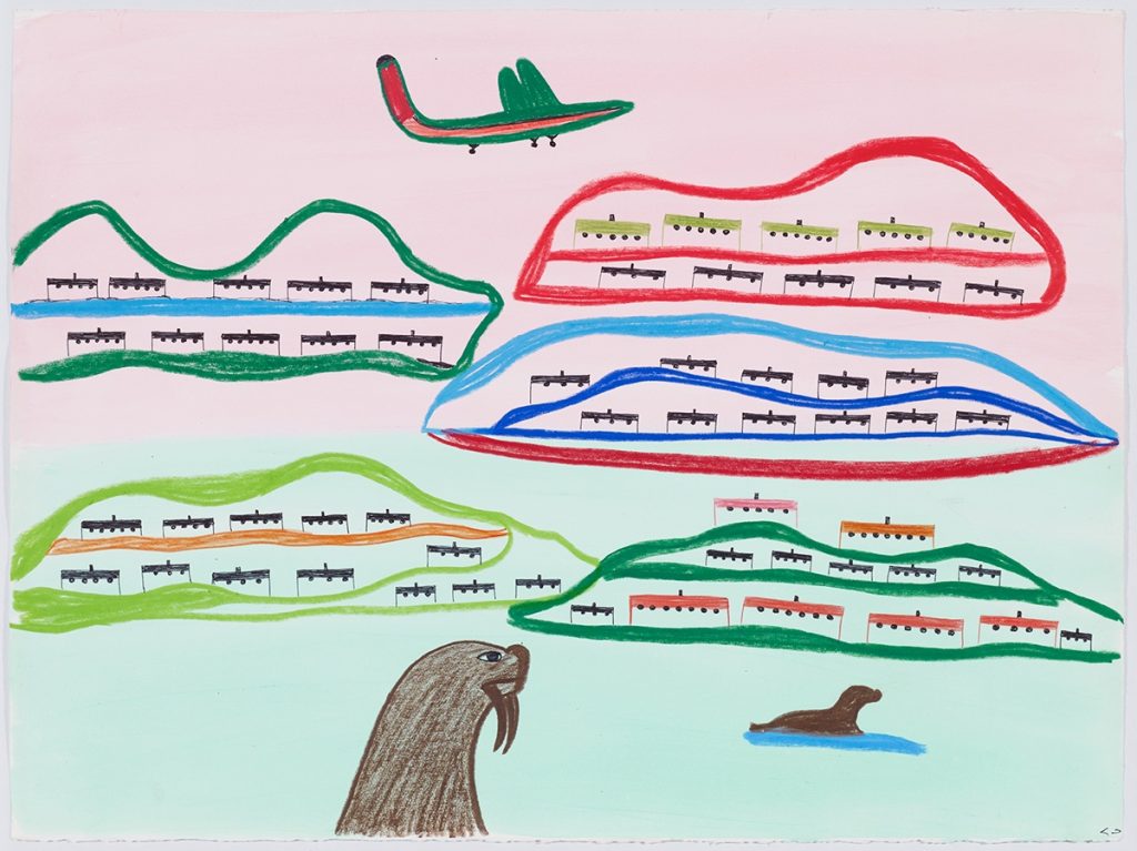 Scene depicting five colourful land masses with two or more rows of buildings on each with an airplane flying above them and a walrus head near a seal on a piece of ice in the foreground. Presented in a flat