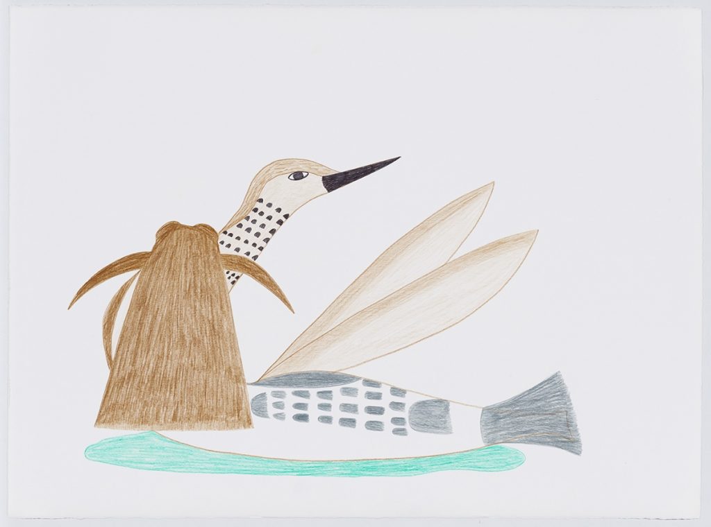 stylized bird looking over itws back with two insect-like wings and an abstract shape covering is lower neck. Presented in a flat