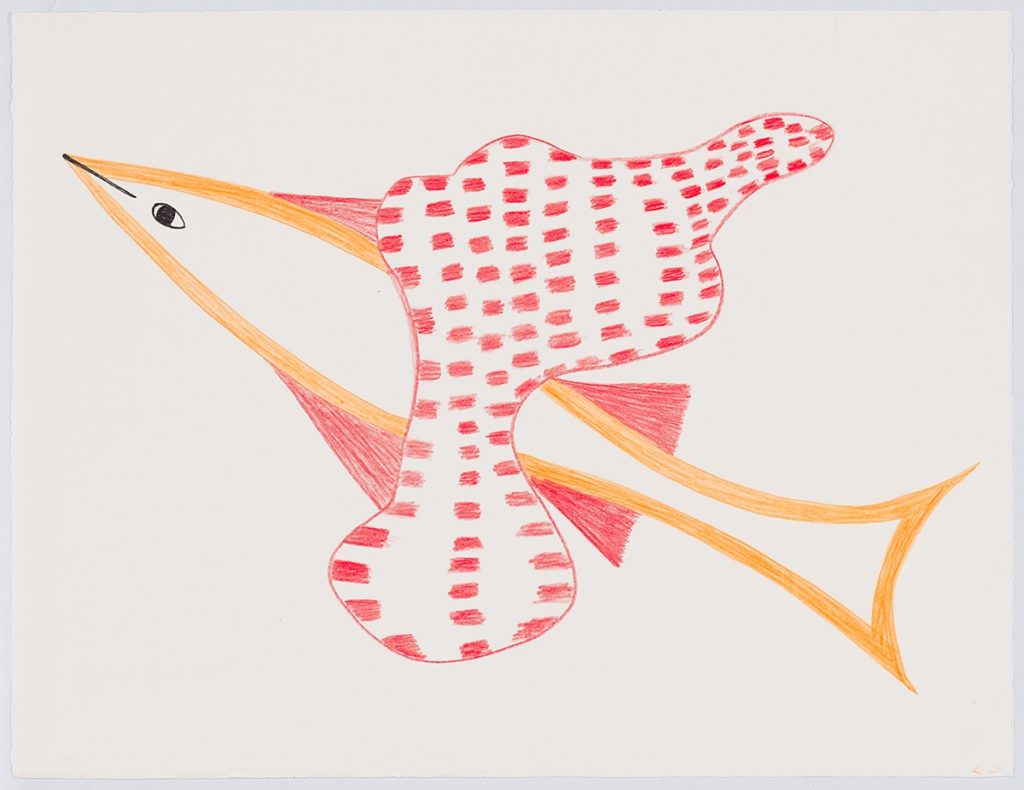 Stylized fish with a curvy abstract shape with spots flowing over the middle of the fish. Presented in a flat