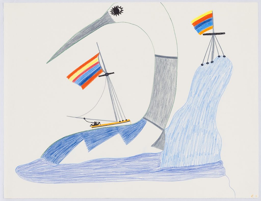 Scene depicting a sailboat flying a colourful flag on top of a large bird with geometric patterns on its body next to a large iceberg that also has a pole flying a colourful flag on it. Scene presented in a two-dimensional style using black