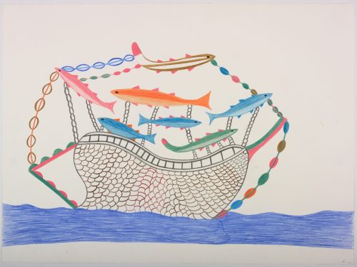 Imaginary scene depicting a stylized boat with seven fish surrounding the ship and connected by ropes and colourful strings of beads. Scene presented in a two-dimensional style and using blue