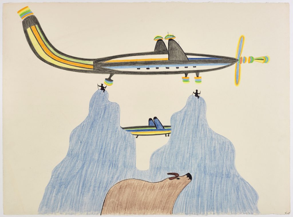 Imaginary scene depicting a muskox below two people on the top of two large icebergs while one stylized plane flies very close to them and another further in the background. Scene presented in a flattened