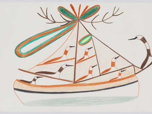 Scene depicting eight stylized loons on an imaginary sailboat with abstract shapes coming from the top of the mast. Presented in a two-dimensional style and using orange
