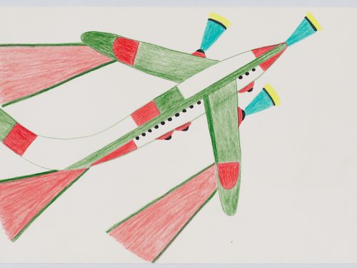 Imaginary design depicting a stylized airplane with large conshapes shooting off the back of its wings and tail with smaller cone shapes project off the front of the wings and nose. Scene presented in a two-dimensional style and using aqua