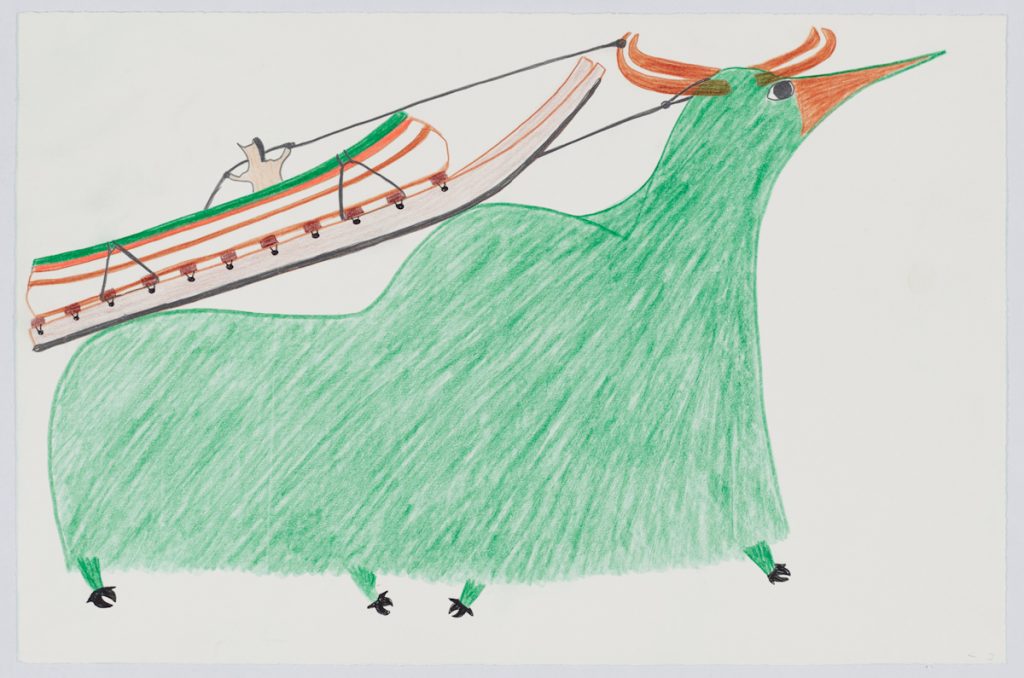 Imaginary scene depicting a human in a boat connected to a qamutik resting on top of a large muskox-bird-like creature. The human figue is also holding a rope ties to one of the creature's horns. Scene presented in a two-dimensional style and using green