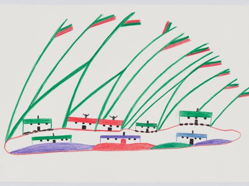 Surreal landscape depicting eight houses surrounded by very tall geometric grass-like shapes all bending slightly to the right. Presented in a two dimensional style and green