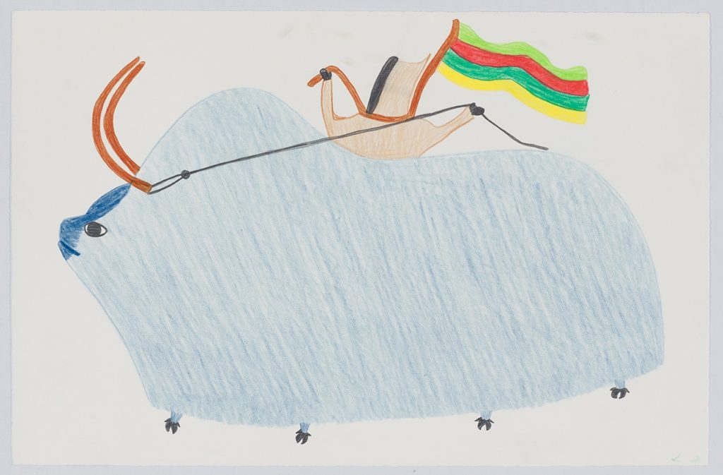 A human figure stands behind a stylized muskox they are holding on a leash while a flag waves from a pole connected to the hood of their parka. Presented in a flat