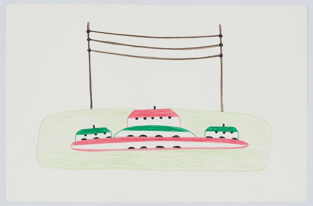 Symmetrical townscape depicting two houses on a smooth but rocky terrain and a another house in between them on a rounded hill with two large poles conneted by three wires in the background above. Scene presented in a flat