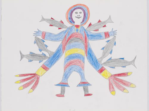 One symmetrical human-like figure with four arms and six fish connected to their arms. Design presented in a two-dimensional style and using red