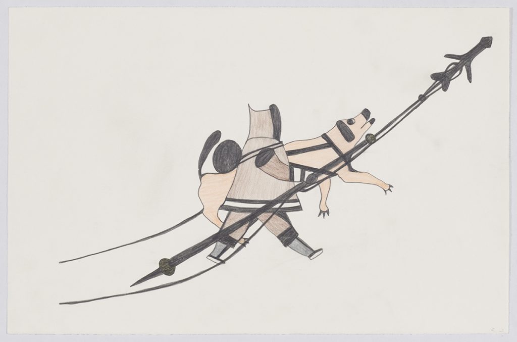 Scene depicting a human figure walking beside a dog and carrying a long object with a spear-like end and rope connected to it. Figures facing the right side of the page and presented in a flat