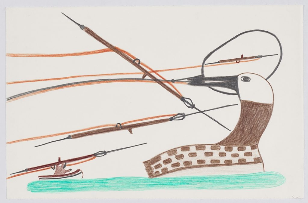 Immense oiseau regardant vers une figure humaine dans un petit bateau tenant un très grand harpon. Trois autres harpons dans les airs pointent vers l'oiseau. Œuvre bidimensionnelle exécutée en bleu, brun, orange et noir.