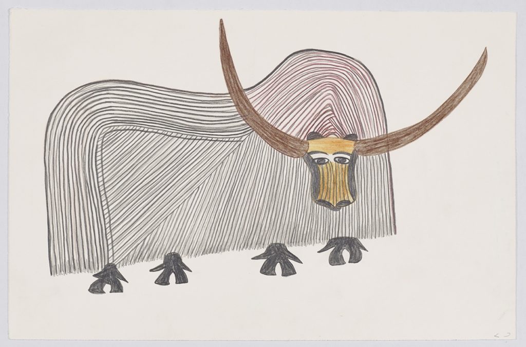 Stylized figure of a muskox with long horns. Scene presented in a flat