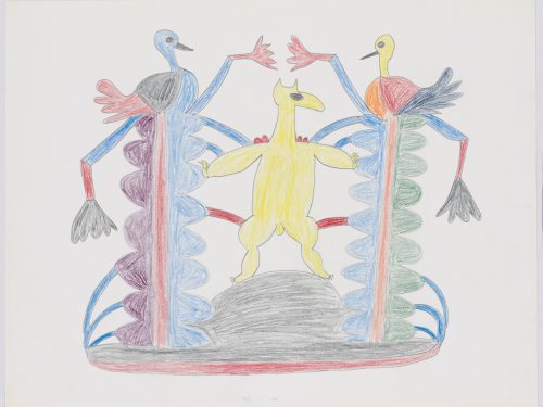 Playful scene depicting three stylized plants with two birds perched on top with a bear-like creature standing on a rock in the middle. Scene presented in a two-dimensional style and using red