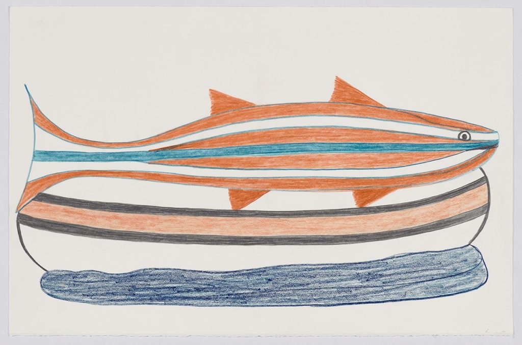 scene depicting a large striped fish running the length of its body resting on top of a boat of the same size. Presented in a two-dimensional style using blue