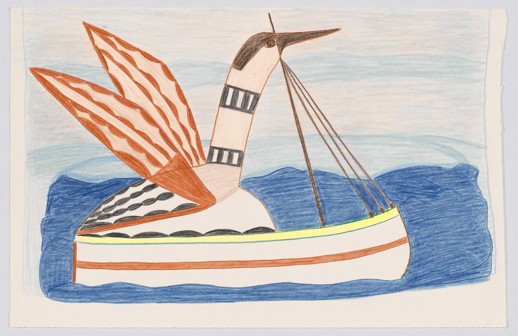 Scene depicting a large bird with geometric patterns on its neck and outstretched wings sitting on a boat with a mast tied to the bow floating out in open water. Scene presented in a flat