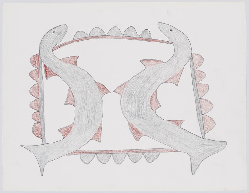 Symmetrical design depicting two stylized long snake-like fish creatures facing each other in front of a decorated square shape. Figure presented in a two-dimensional style and using red and orange.