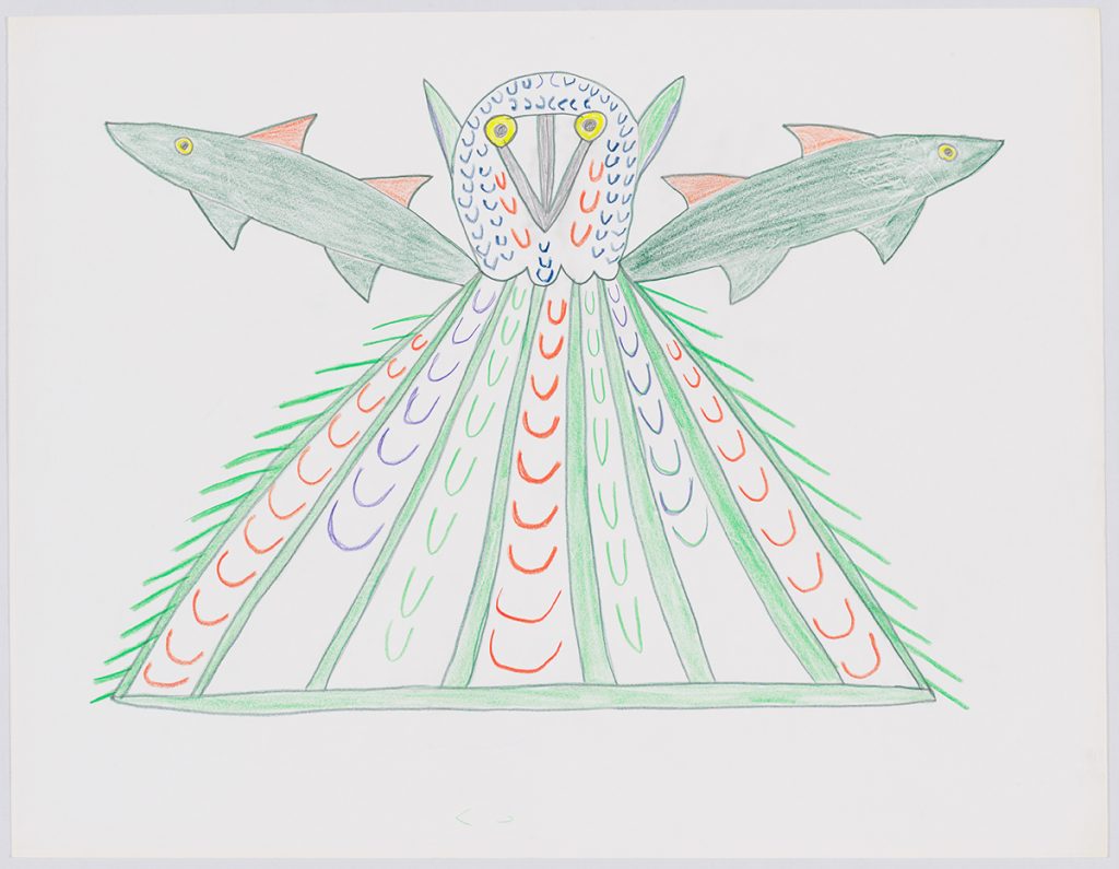 Composition symétrique représentant une créature imaginaire et deux poissons sur le côté. Œuvre bidimensionnelle exécutée en vert, orange, bleu et jaune.