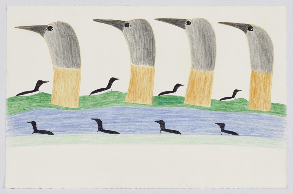 Scene depicting two rows of four birds facing opposite directions with four large bird heads project upwards from the ground in between each the rows of smaller birds. Scene presented in a flat