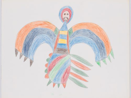 Abstract design depicting one imaginary bird-like creature with big wings with a striped design all over its body .Creature presented in a two-dimensional style and using blue