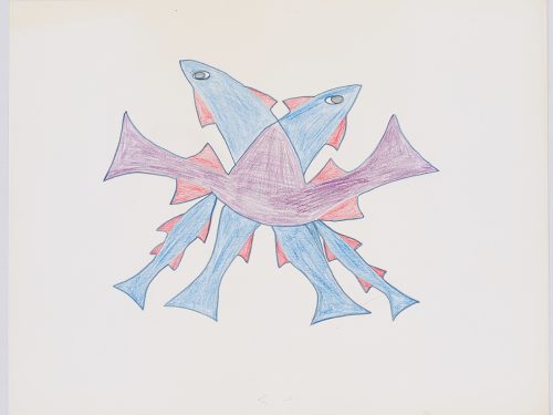 Composition symétrique représentant quatre créatures imaginaires ressemblant à des poissons rattachées les unes aux autres. Œuvre bidimensionnelle exécutée en bleu, violet et rouge.