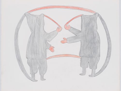 Symmetrical scene depicting two stylized children playing with ropes . Gemoetric figures presented in a two-dimensional style and using grey and orange.