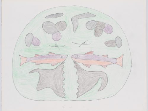 Design depicting four groups of two or more rouded rocks surrounding a pair of kayakers and two fish with similar abstract shapes extending from their chins facing each other. Scene framed by a circular border and presented in a two-dimensional style using green
