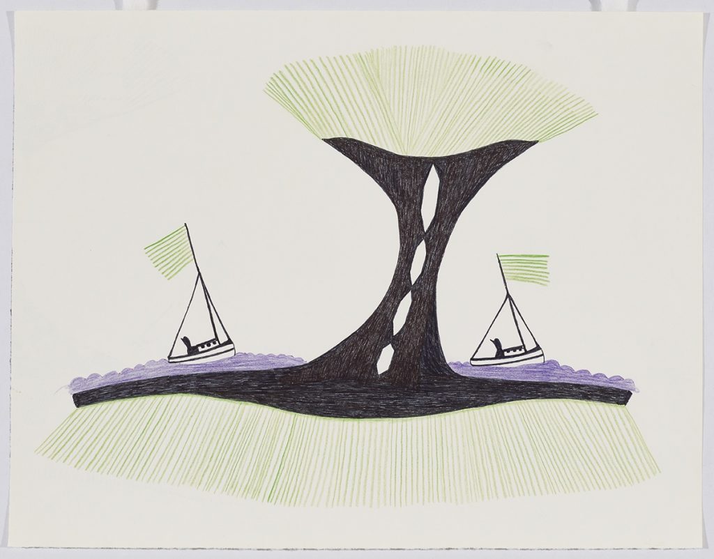 Surreal scene depicting two boats flosting on water that seperated by a dark abstract form with a line of stripes running down the middles and long thin lines eminating from its wide base and smaller top edge. Presented in a two-dimensional style using black