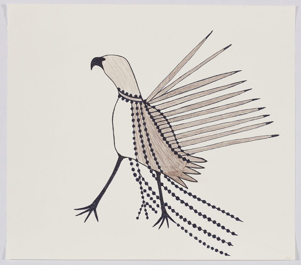 A bird with thin legs shown with many long bead-like designs wrapped around its neck and hanging down its side next to long