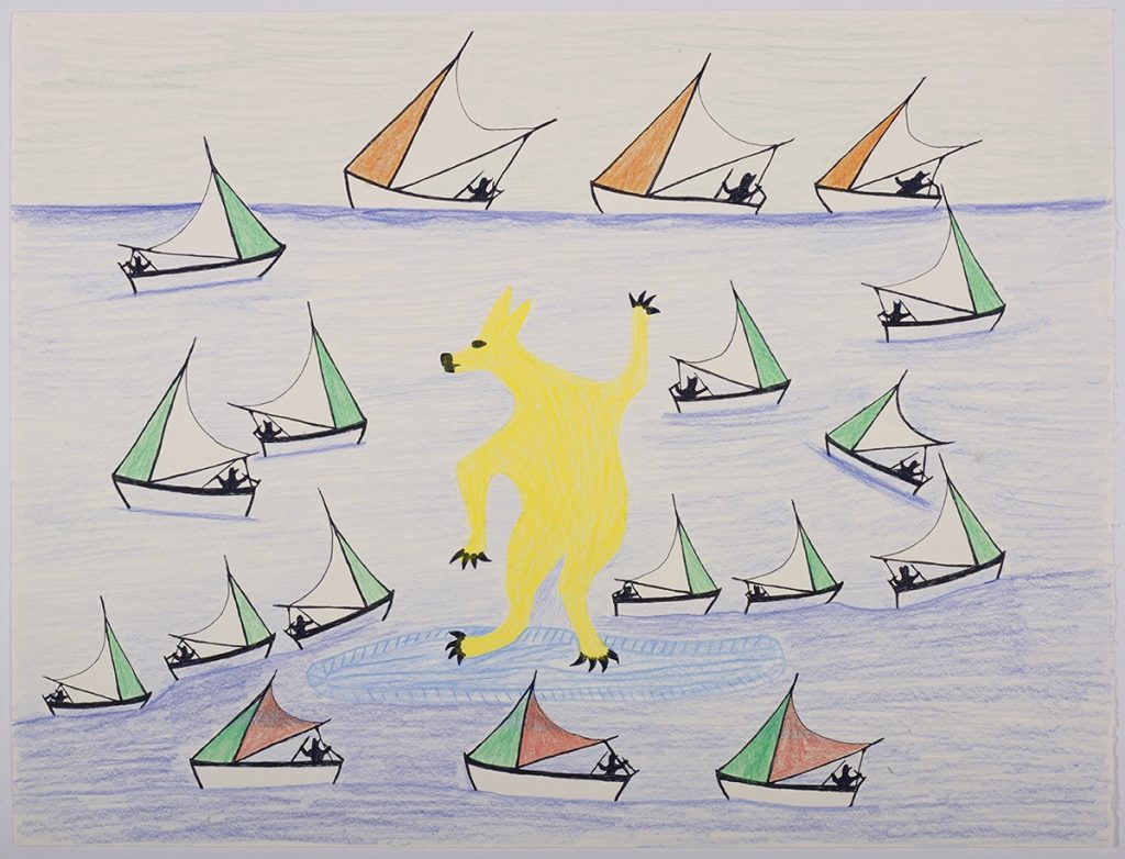 Scene depicting nineteen sailboats surrounding a very large polar bear standing on its hind legs on a blue piece of ice. Presented in a flat