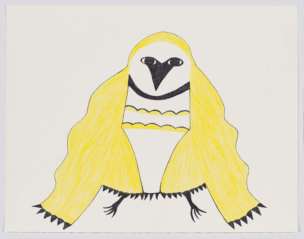 Oiseau stylisé avec de courtes plumes triangulaires aux extrémités de ses ailes ondulées et de son, vu de face. Œuvre bidimensionnelle exécutée en noir et jaune.