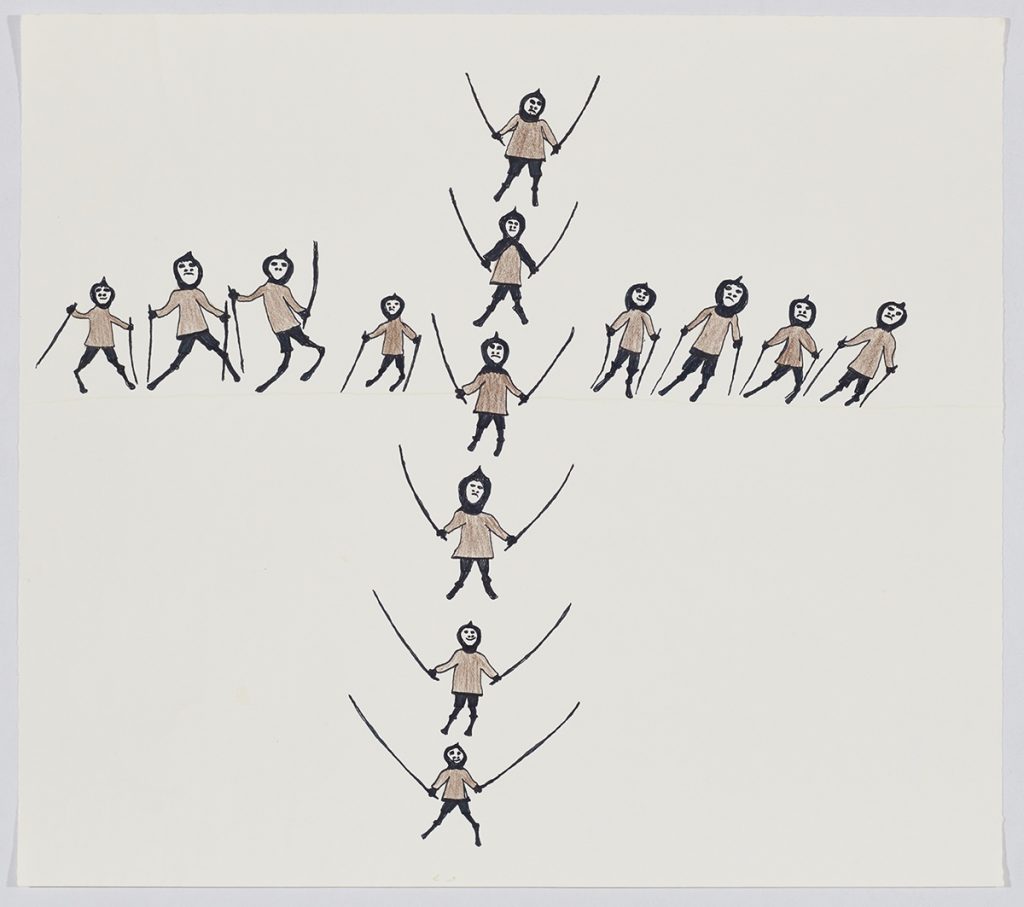 Deux rangées de figures humaines formant une croix et tenant de longs objets en forme de bâton dans chaque main. Œuvre bidimensionnelle exécutée en brun et noir.